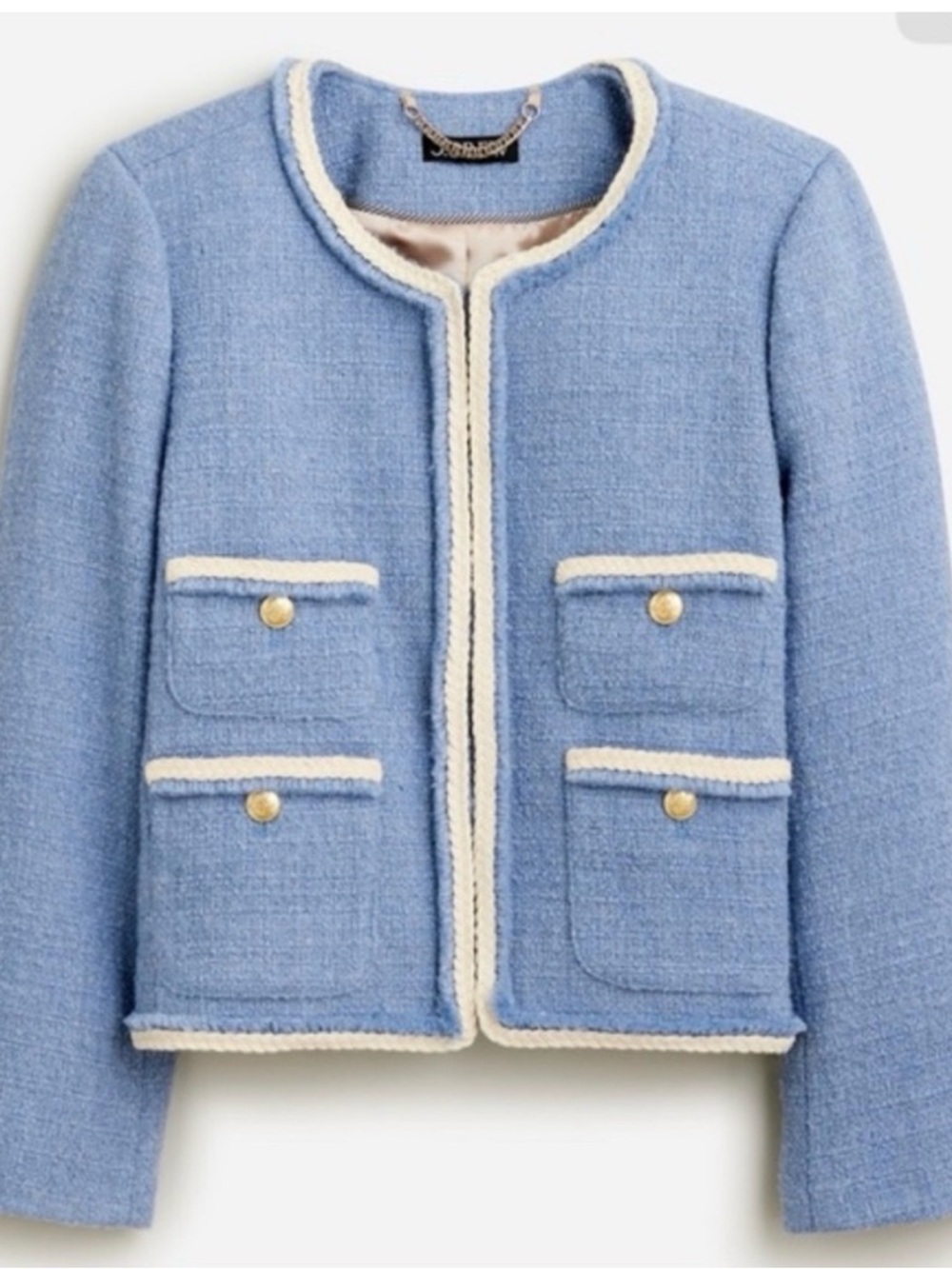 J. Crew Light Blue Tweed Cropped Jacket with Cream Trim